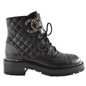 CHANEL Black Quilted Lace-Up Boots